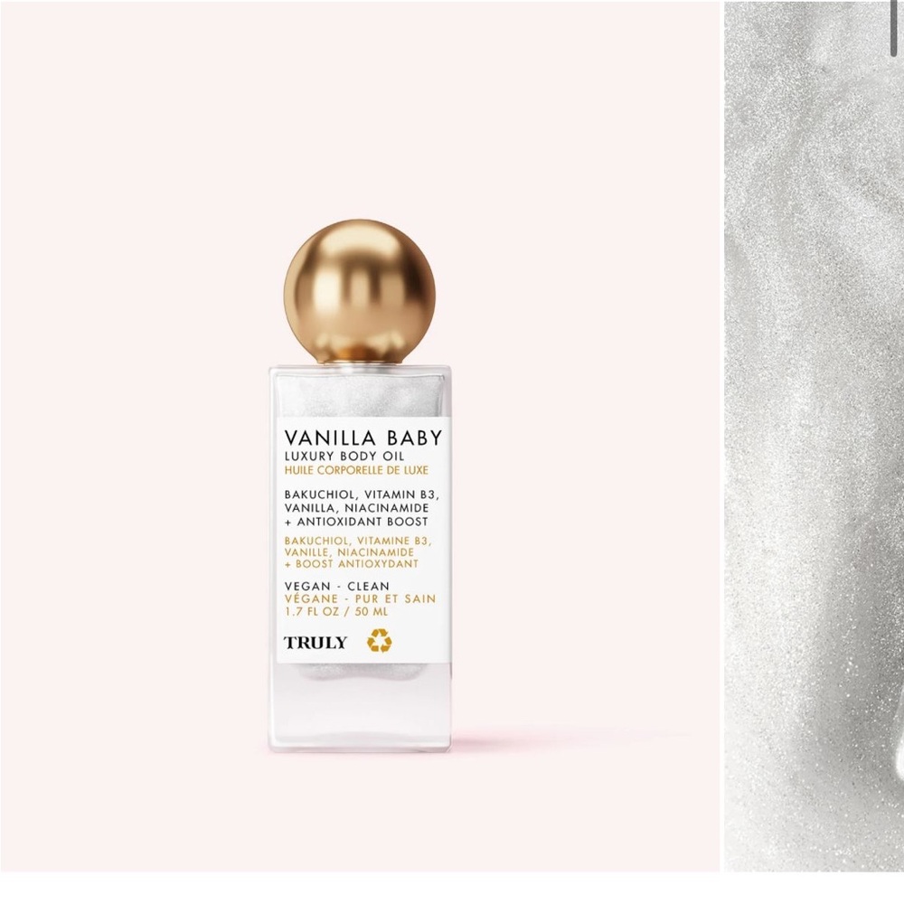 TRULY Vanilla Baby Body Oil with Gold and White Packaging